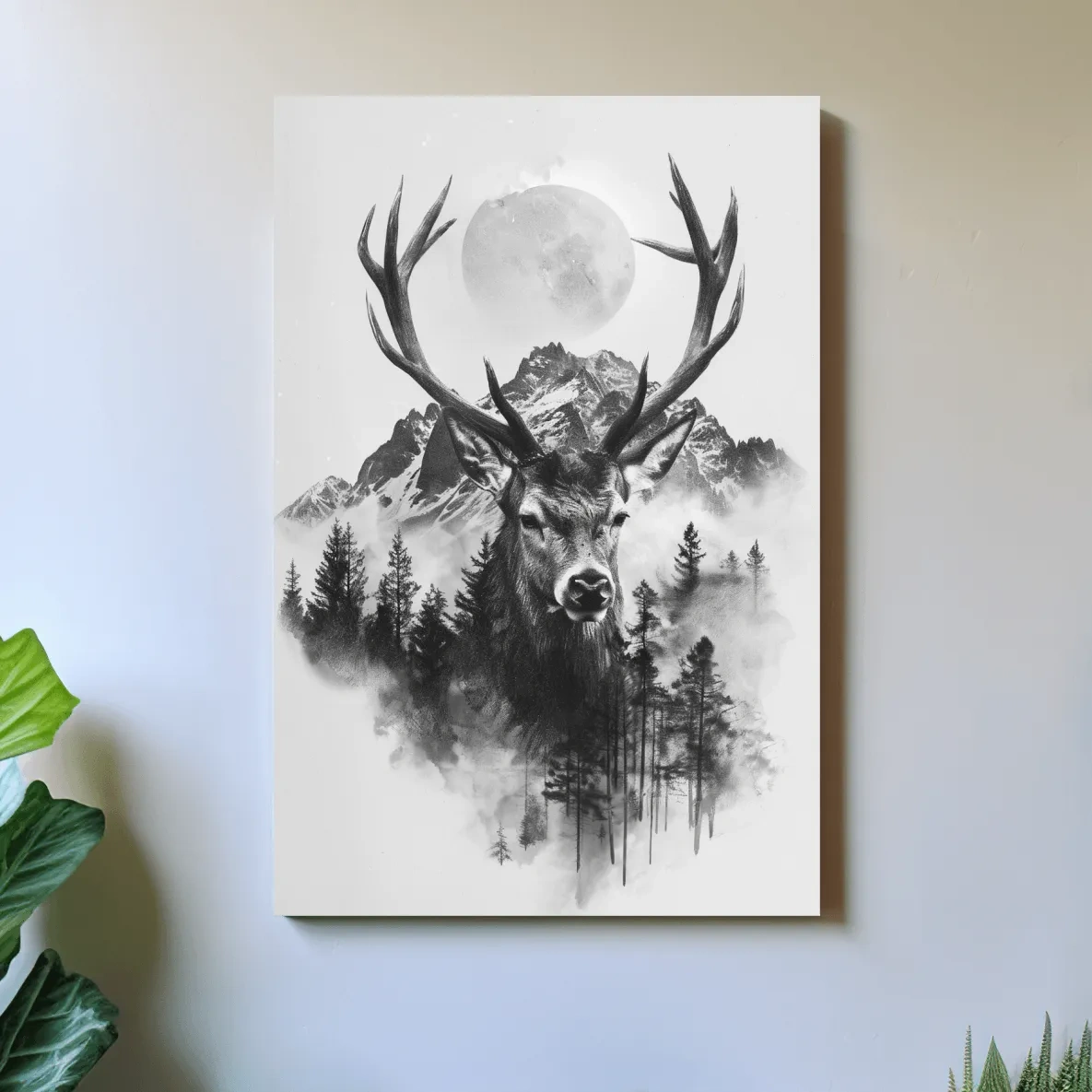 Double exposure style drawing artwork of a deer, forest, glacier and moon