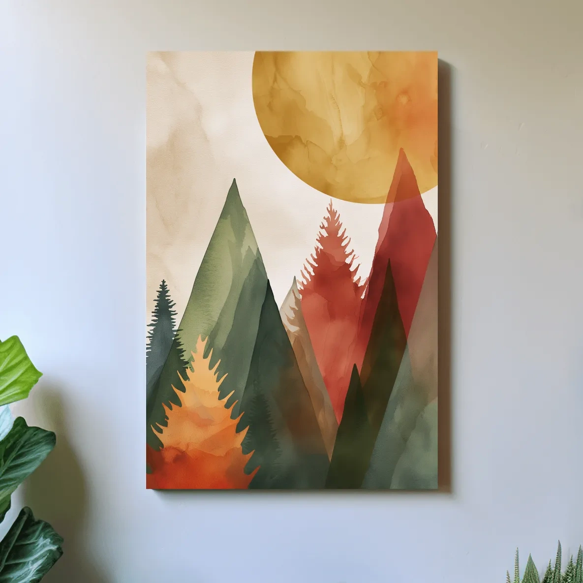 Trees and mountains under the sun, rustic boho watercolour print