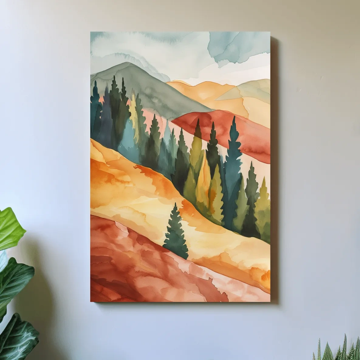 Mountains and forest landscape rustic watercolour painting artwork