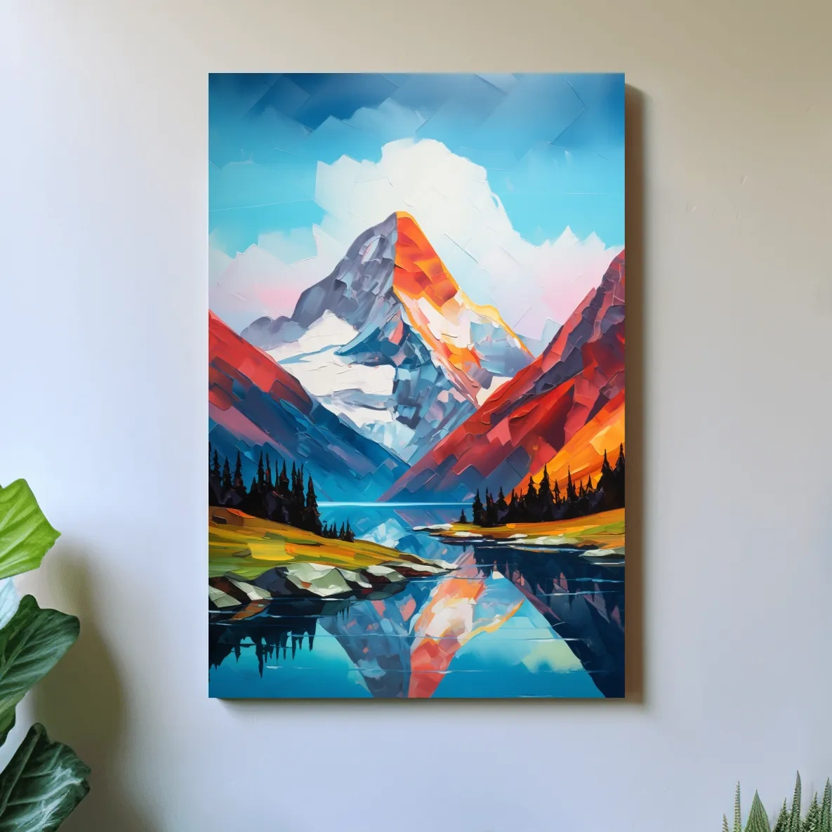 Vibrant Abstract Mountain Lake Reflection - Colorful Impasto Style Wall Art