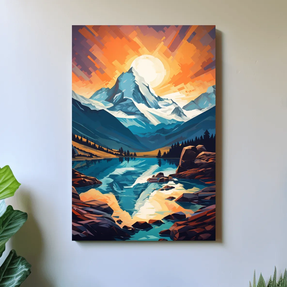 Sunset over the alpine glaciers, vector mountain art