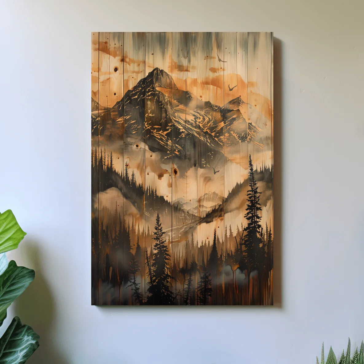 Mountain range wall art, wood panel effect, rustic cabin art, wood burning style