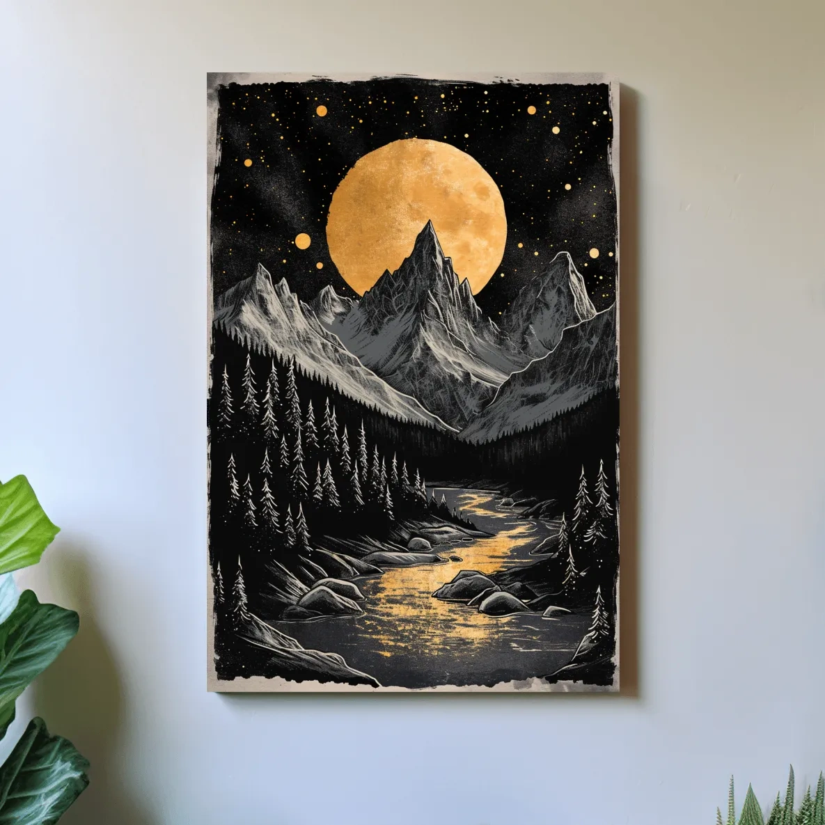 Moonlit alpine scene, dramatic glacier and moon artwork