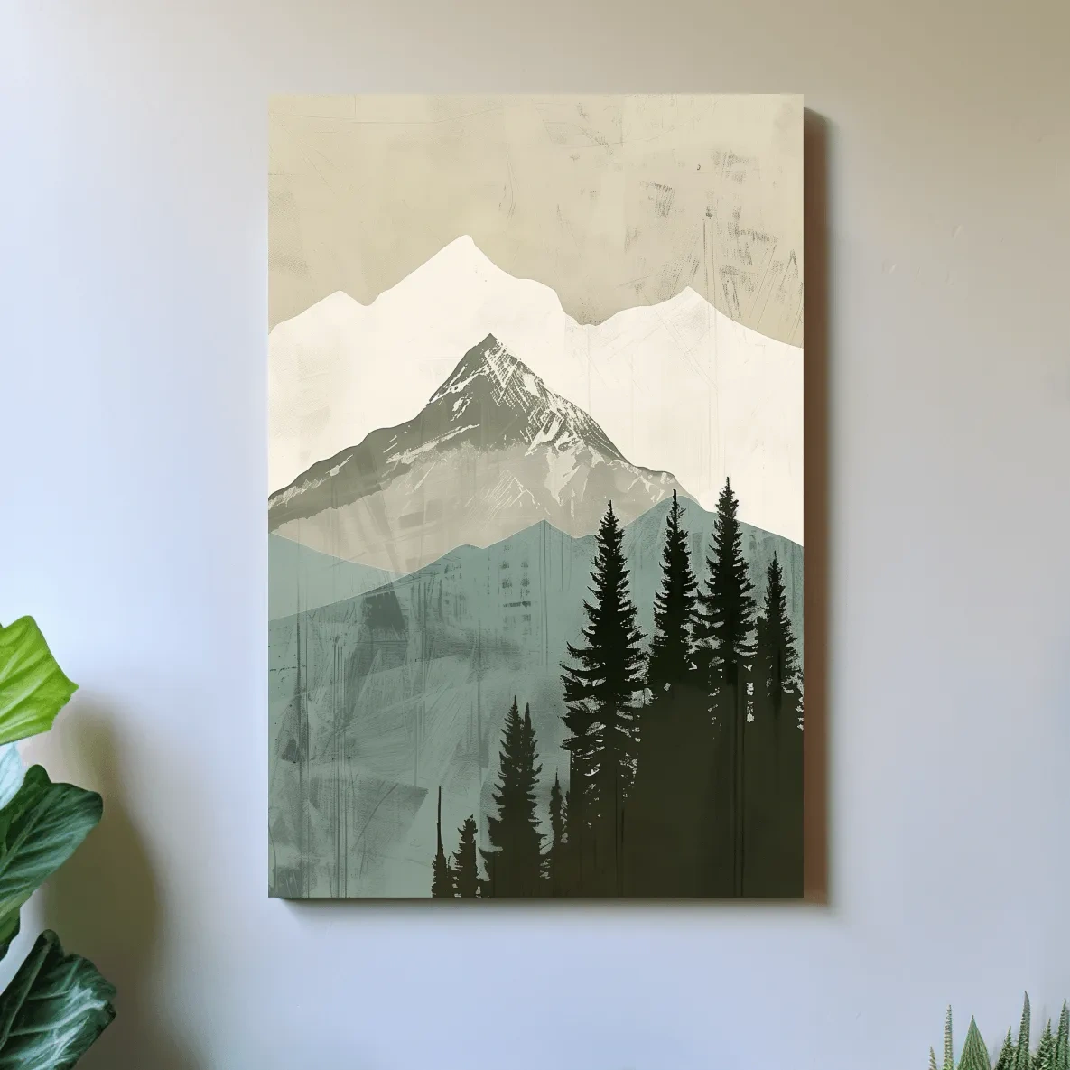 Minimal mountain artwork, scandinavian style glacier and forest art
