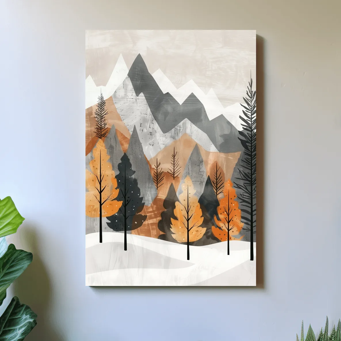 Scandinavian style forest artwork, alpine mountains in fall