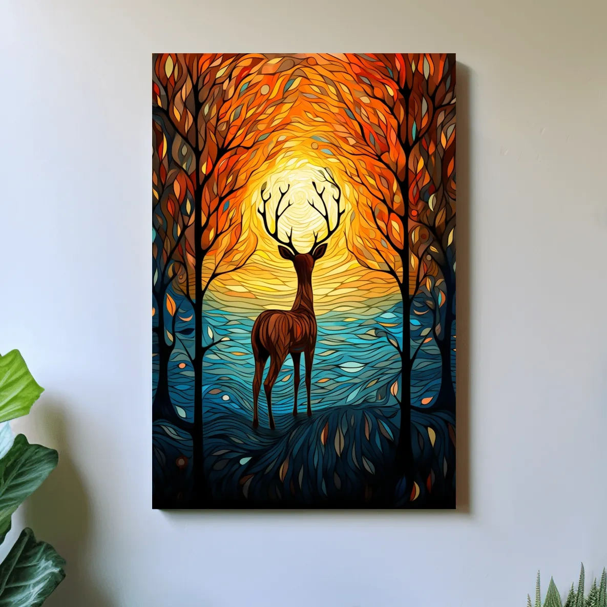 Glowing Autumn Forest Deer Silhouette - Vibrant Stained Glass Style Wall Art