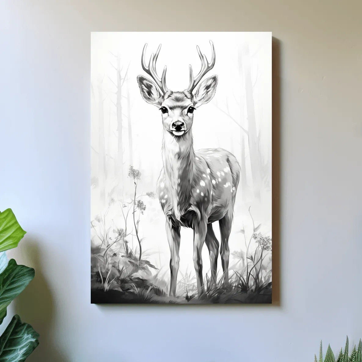Black and white drawing artwork of a fallow deer