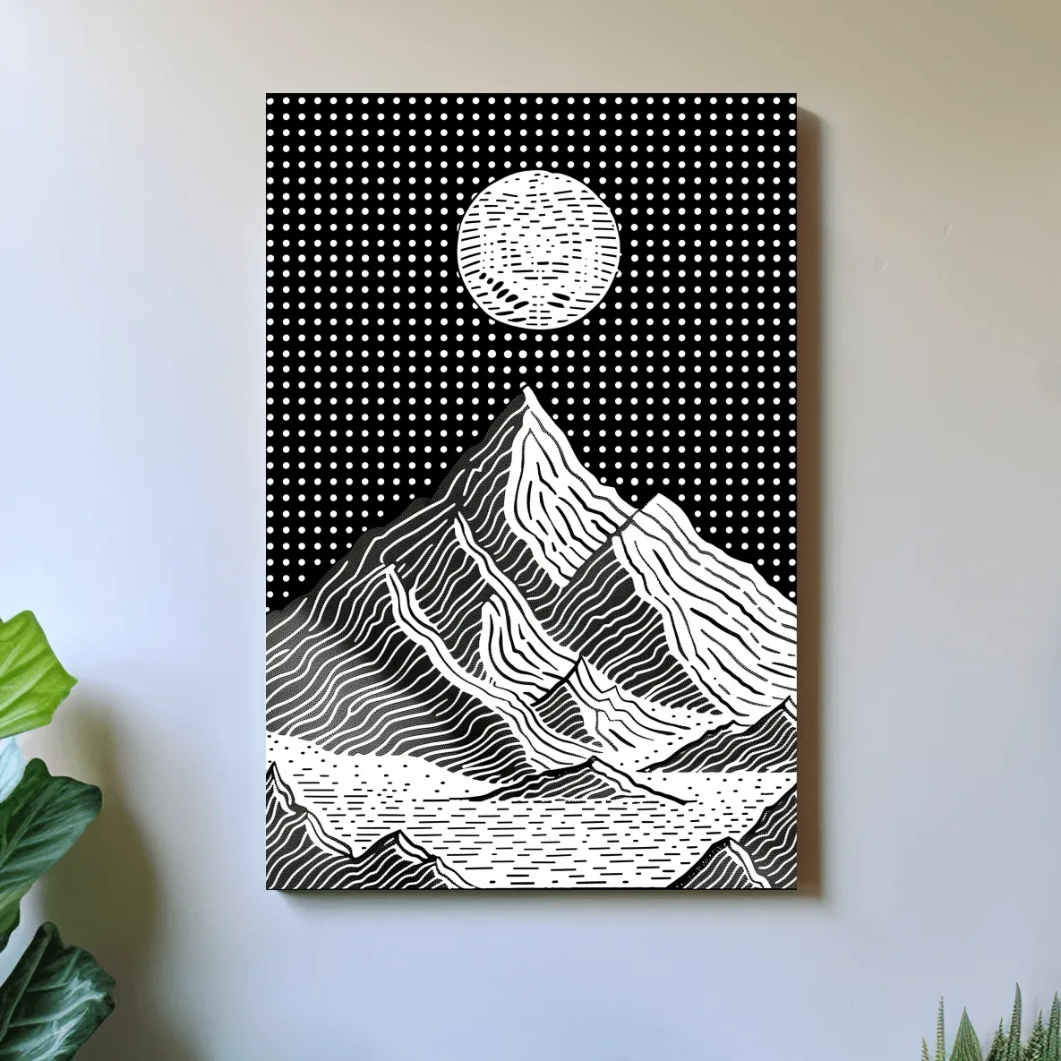 Glacier under the night sky, optical illusion linocut style mountain art