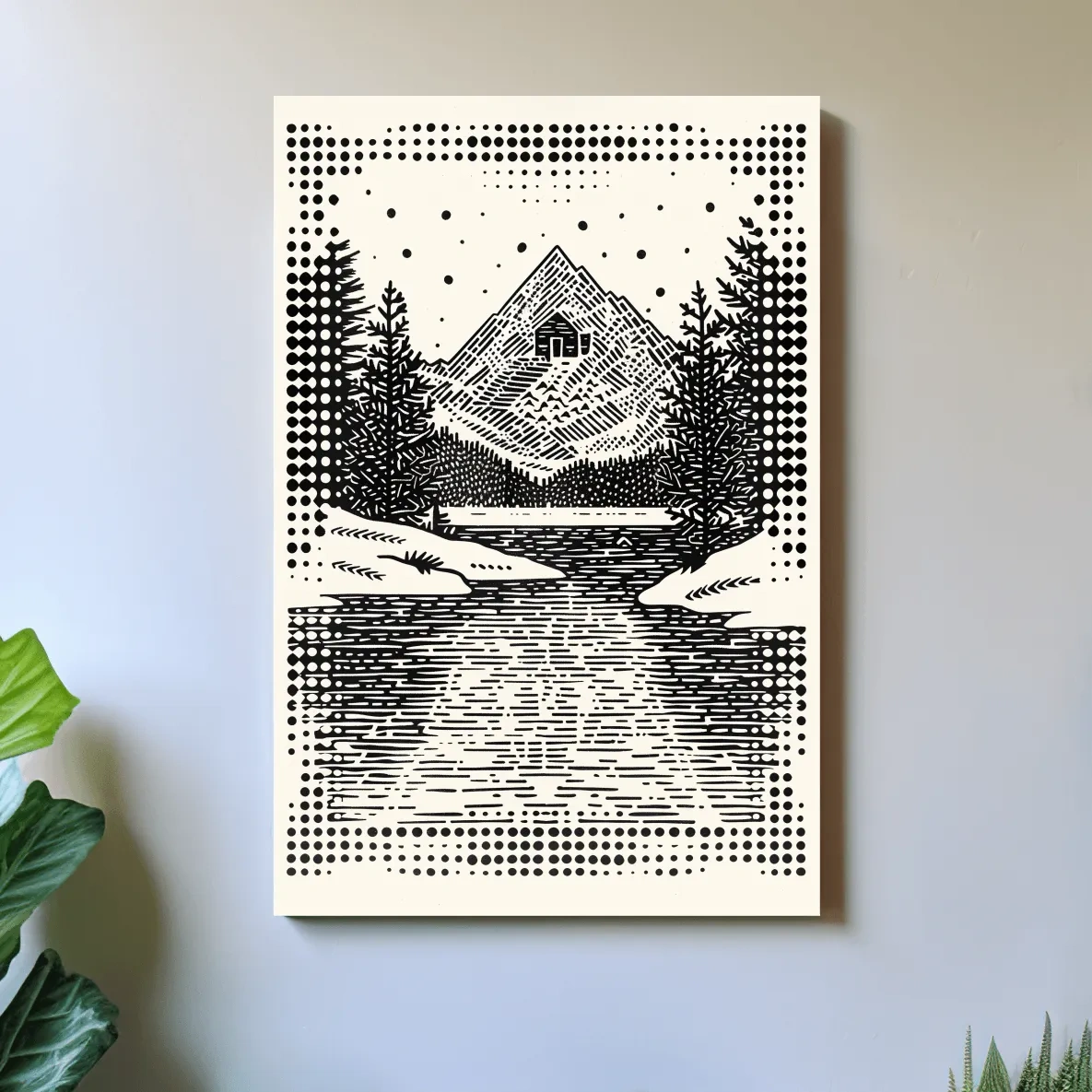 Alpine cabin artwork, linocut style optical illusion art