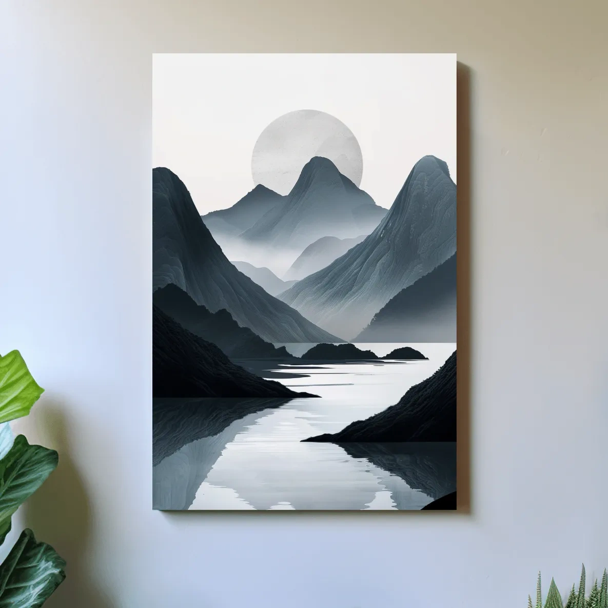Black & white mountain artwork, view down a foggy valley and lake