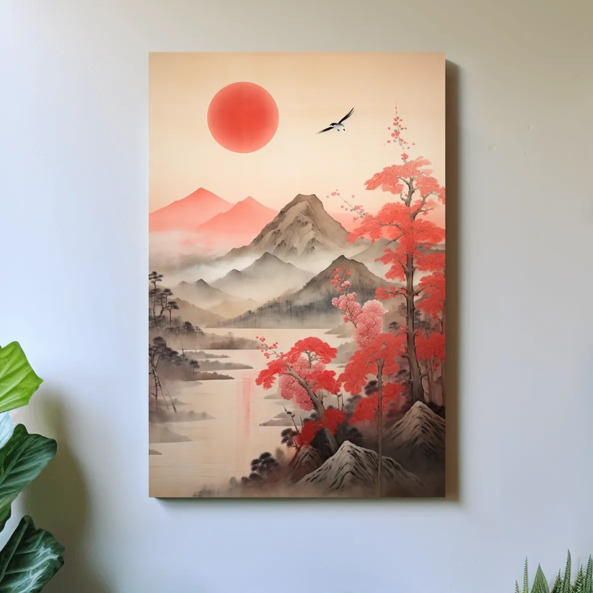 Oriental cherry blossom artwork, mountains in the mist watercolor wall art painting