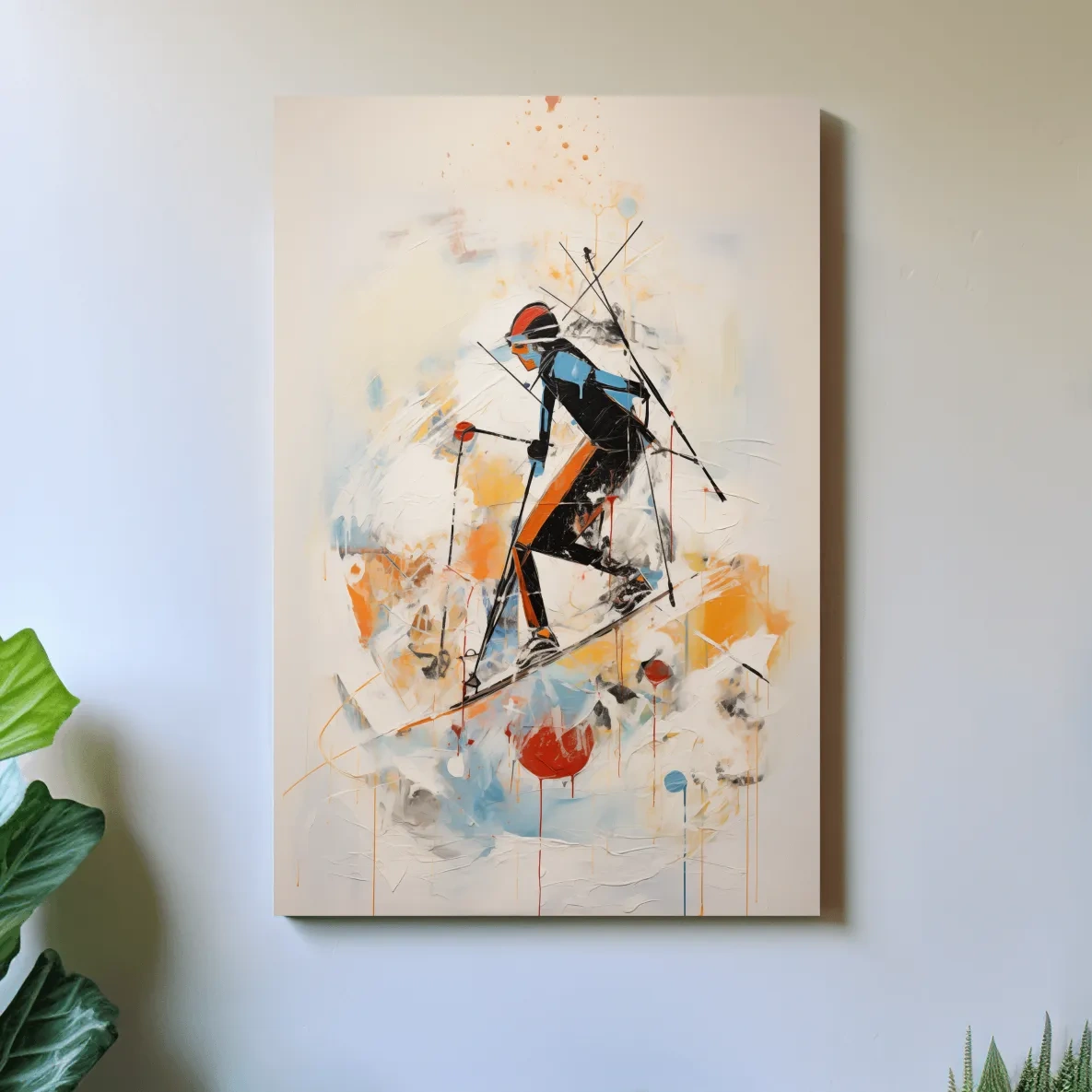 Skiing wall artwork, dynamic abstract painting of a skier