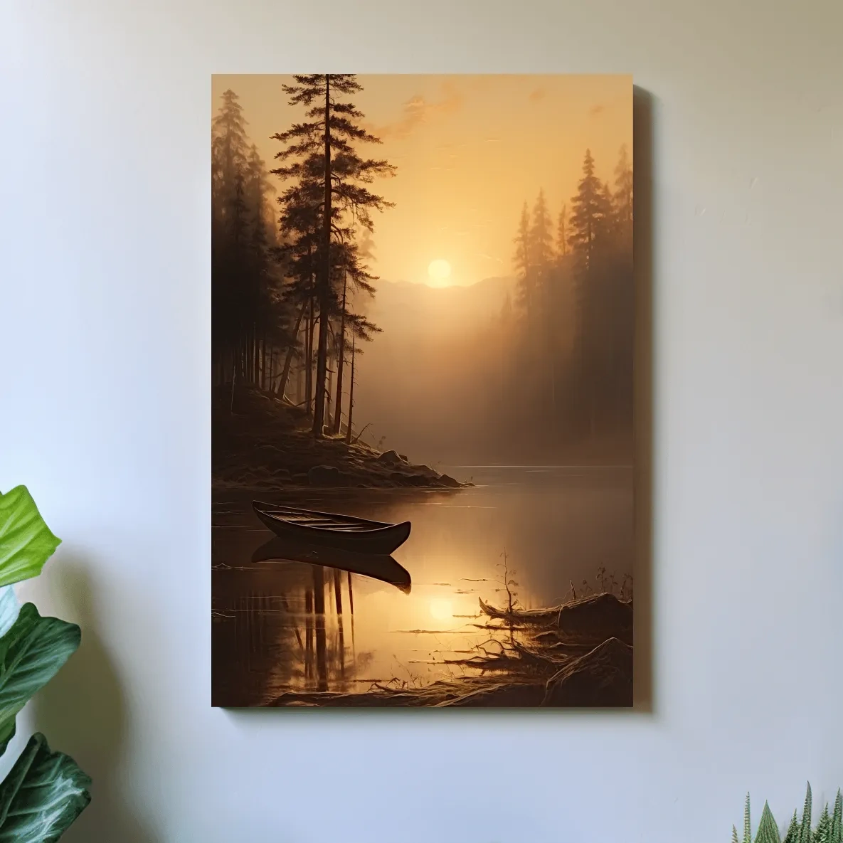 Sunset painting of a canoe on a lake at golden hour