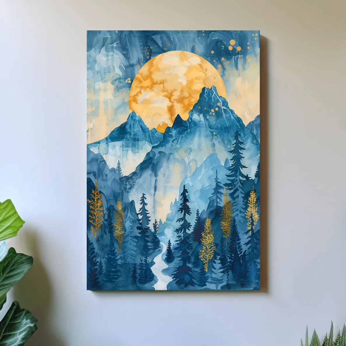 Alpine Sunset Watercolor Painting - Mountain Forest Landscape Wall Art