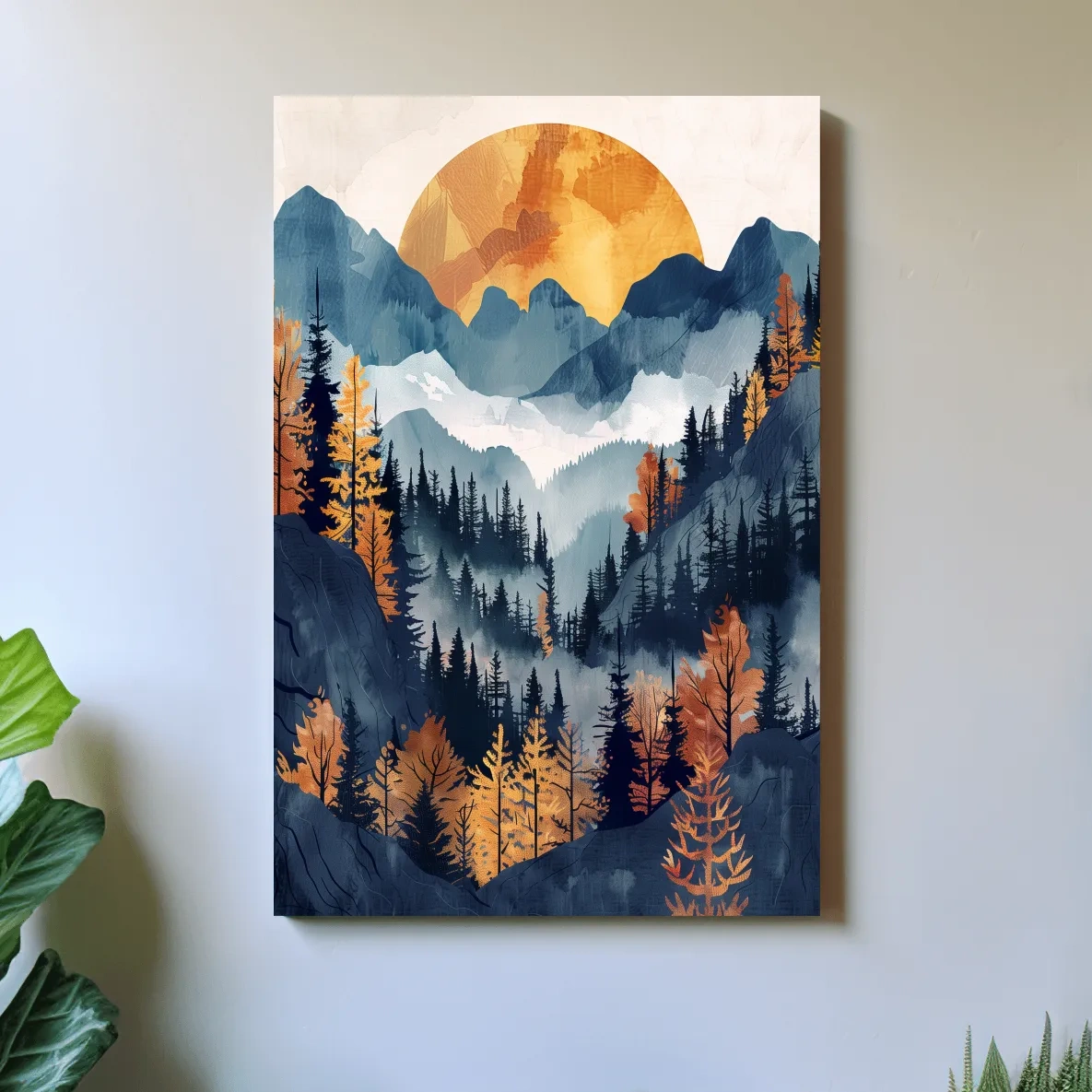Foggy forest artwork, sunset over the mountains, textured watercolor style painting
