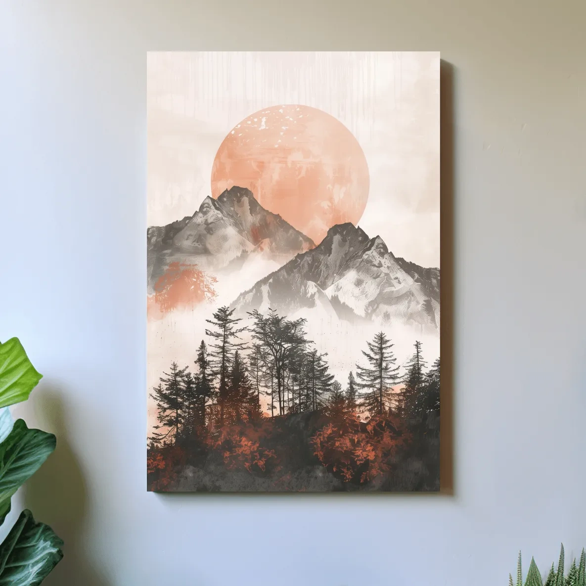 Japandi Mountain Sunrise With Pine Forest - Minimalist Watercolor Landscape Art