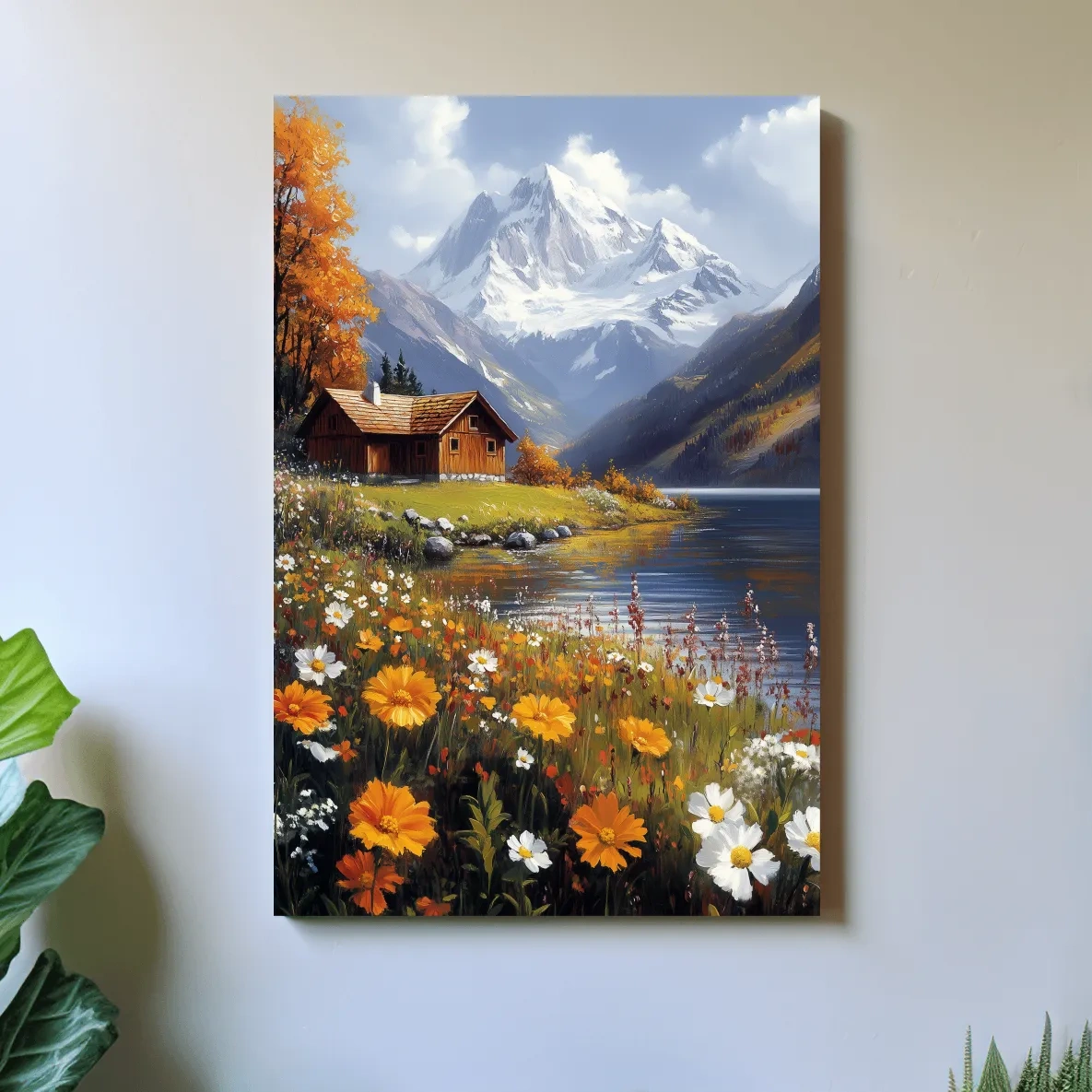Impressionist painting of a lakeside cabin in the alpine meadows beneath a glacier