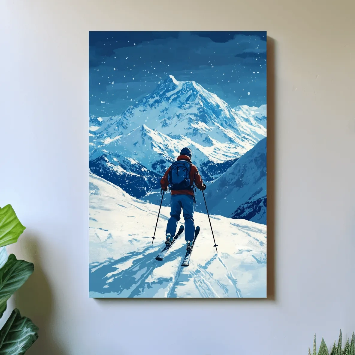 Painting of a backcountry skier in the snow, ski wall art