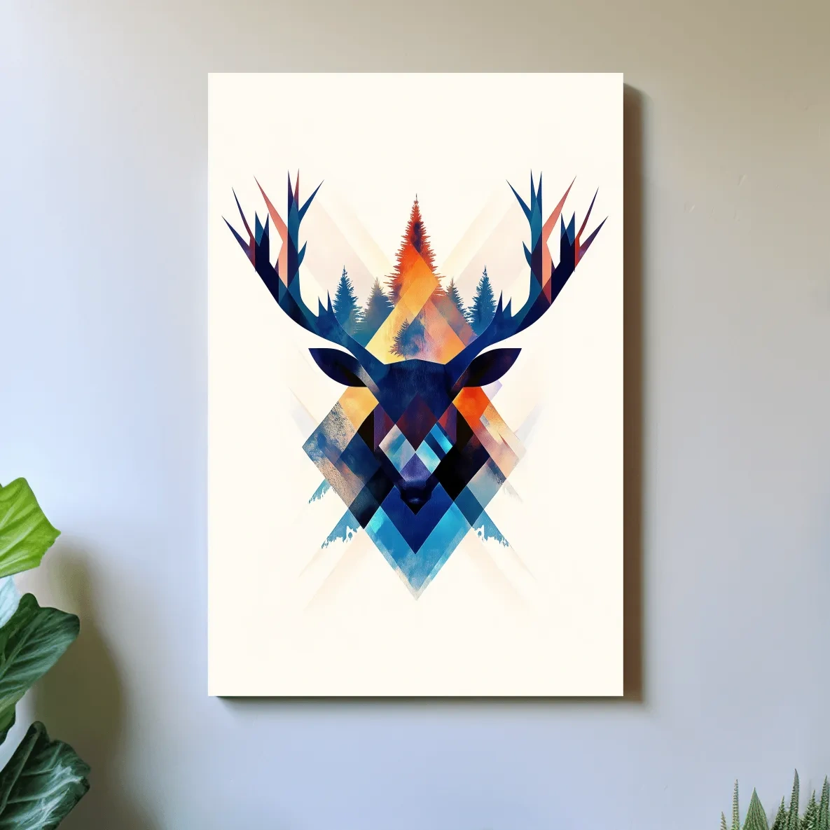 Geometric deer head wall art, colorful abstract tribal style artwork