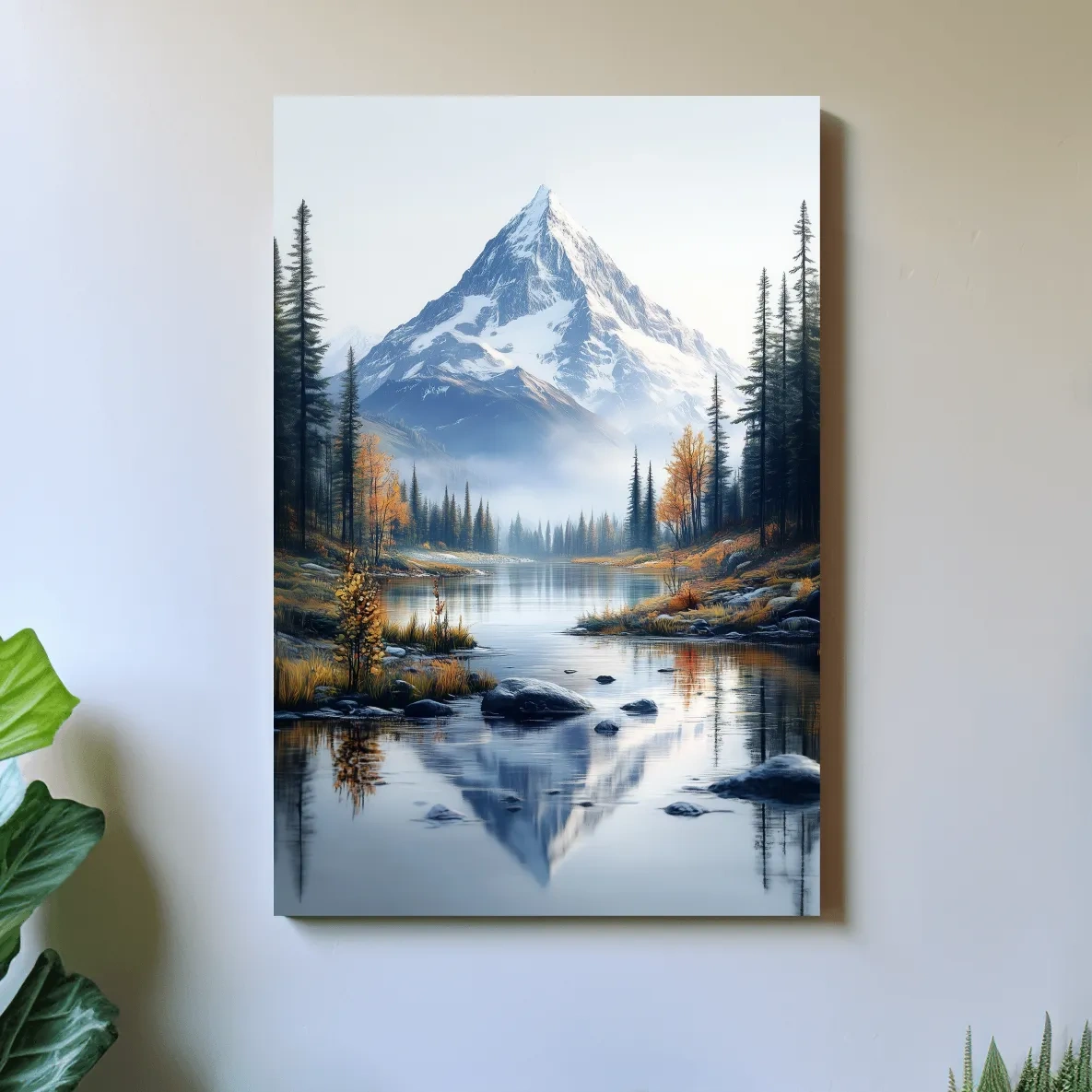 Lake beneath a glacier in the alpine meadows in fall, mountain wall art