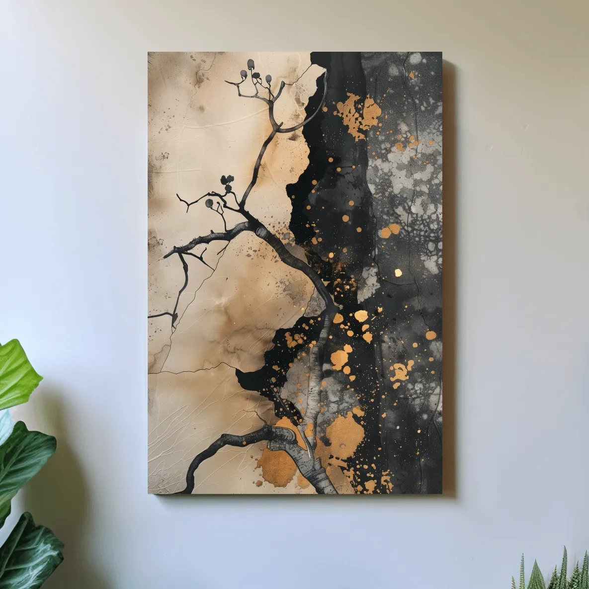 Ink Branch Silhouette With Gold Splatter - Modern Japandi Abstract Wall Art