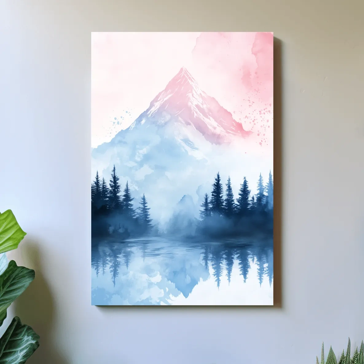 Pastel mountain watercolor painting, foggy forest by an alpine lake