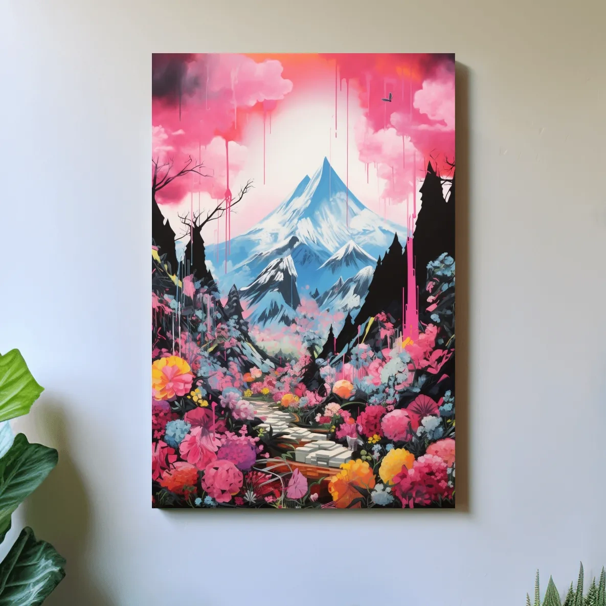 Energetic illustration of pink alpine flowers by a glacier