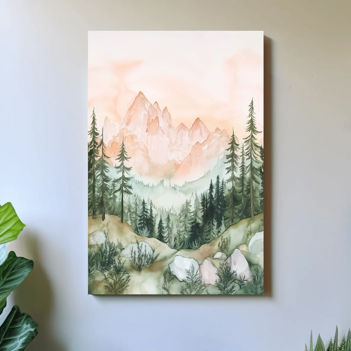 Alpine mountain forest watercolour painting wall art, pastel colors