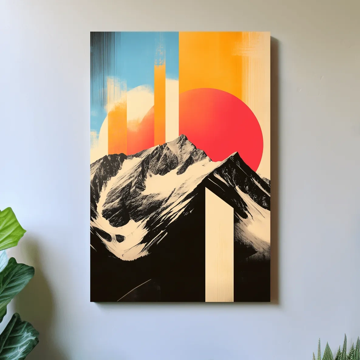 Retro Snowcapped Mountain Sunset Collage - Modern Geometric Landscape Wall Art
