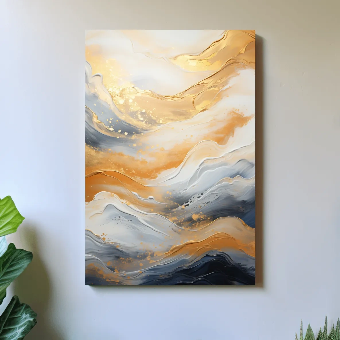 Golden abstract mountain wall artwork, swirling style painting