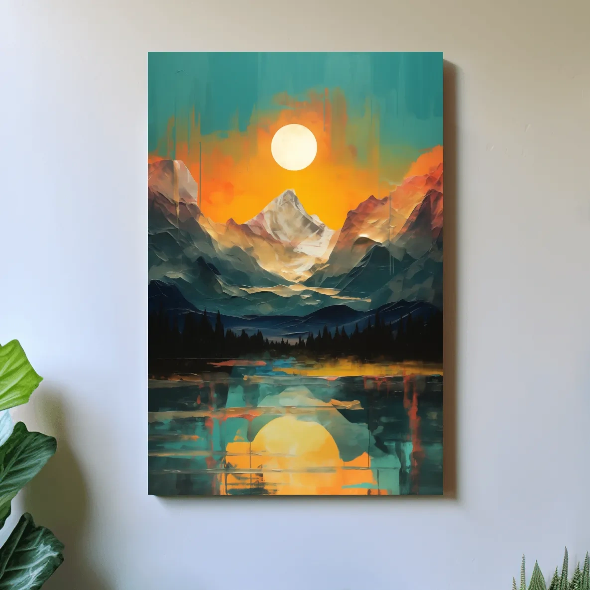 Oil painting artwork print of a mountain scene at sunset