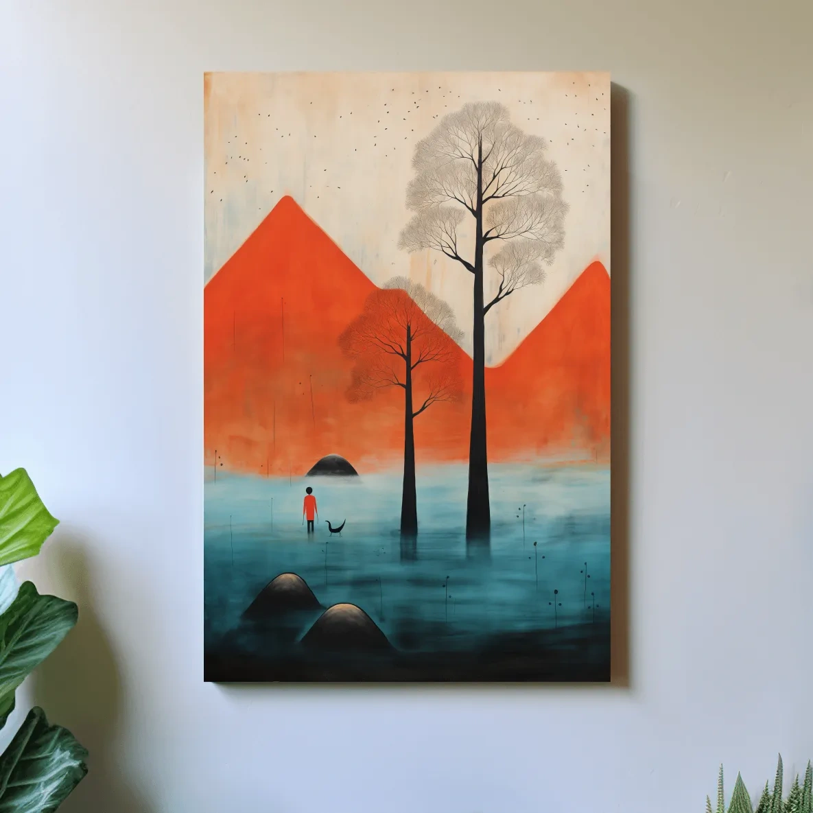 Surreal mountain artwork,rustic textured painting effect, dreamlike landscape wall art
