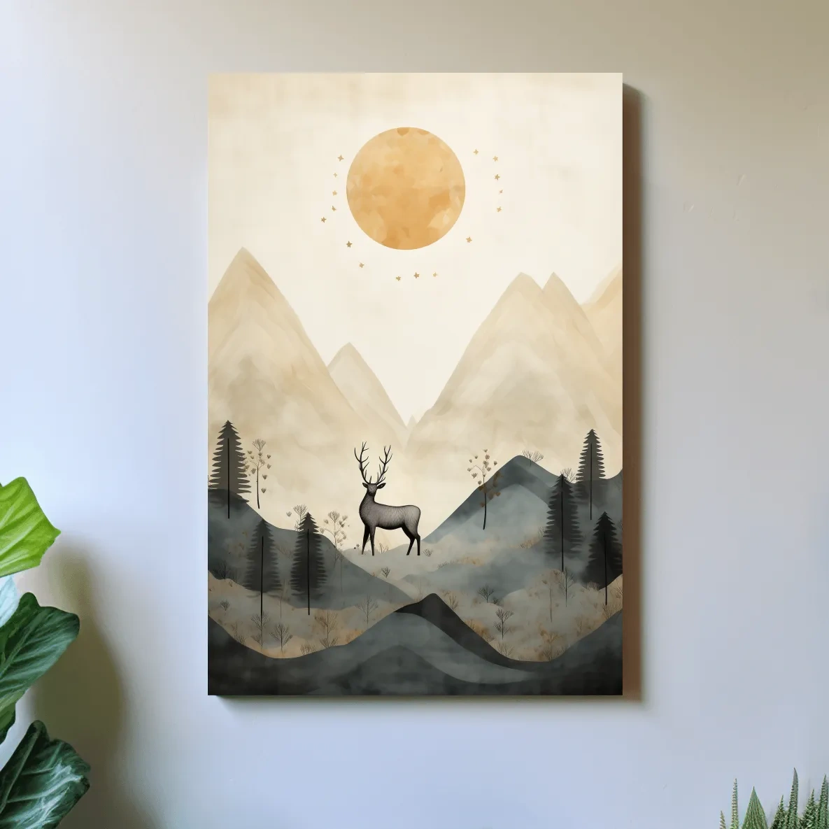 Deer standing in the forest under the night sky, quirky illustration art