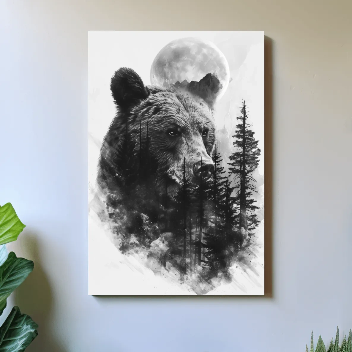 Grizzly Bear Moon Forest Drawing - Black And White Double Exposure Wildlife Wall Art