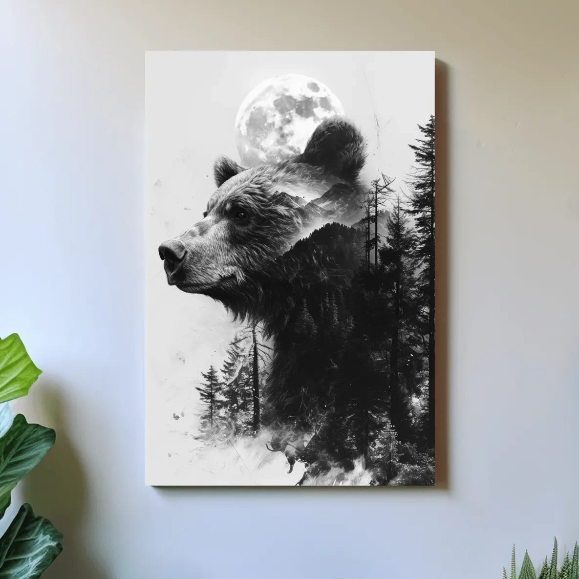 Double exposure style drawing artwork of a bear, forest, glacier and moon