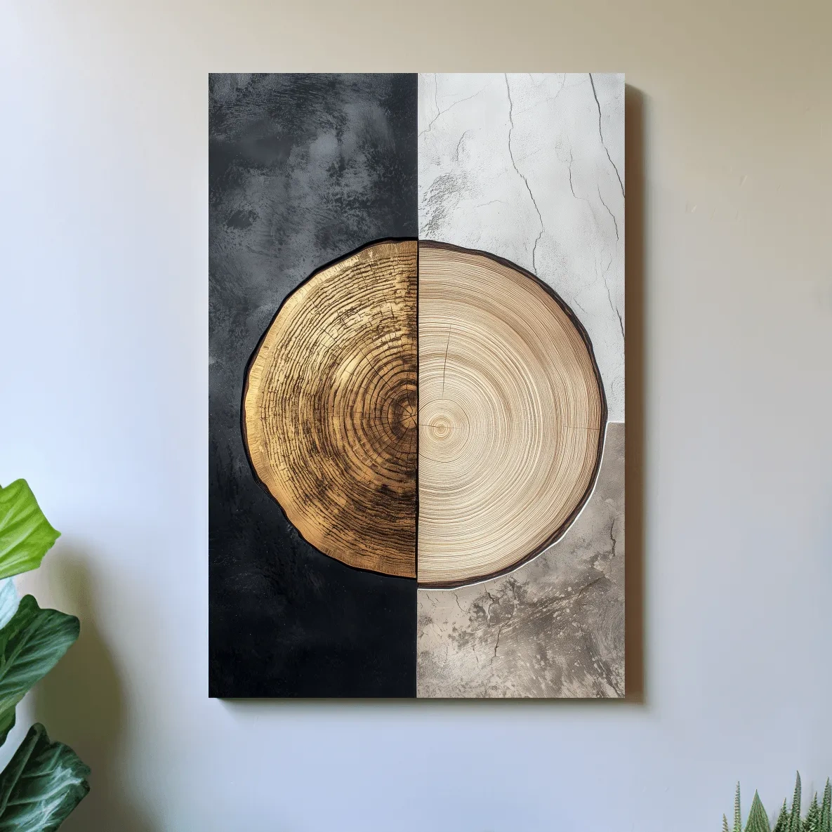Rustic bohemian style tree ring artwork, split texture wood wall art
