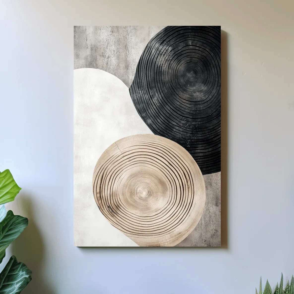Minimalist Black Beige Wood Grain Circles - Modern Rustic Wall Art