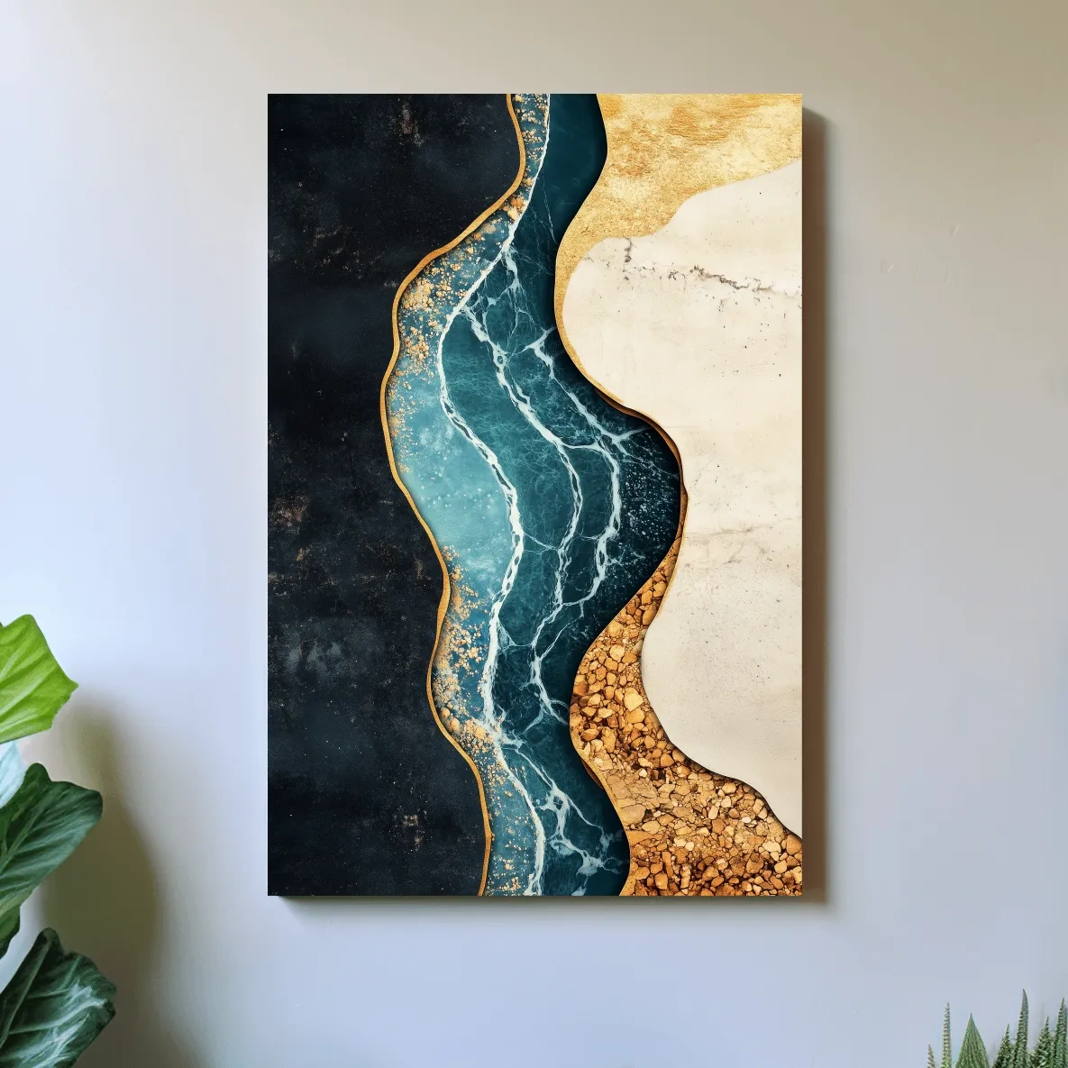 Fluid elegant artwork, blue marble river flowing through textured earth tones