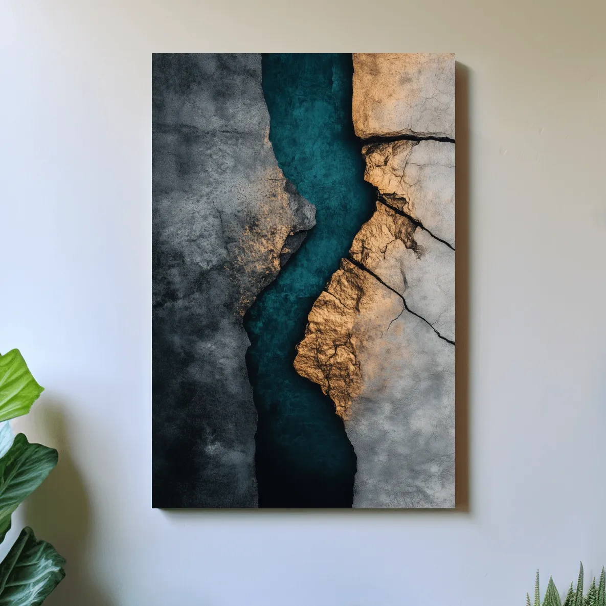 Cracked stone and turquoise abstract wall art, natural geological textured artwork