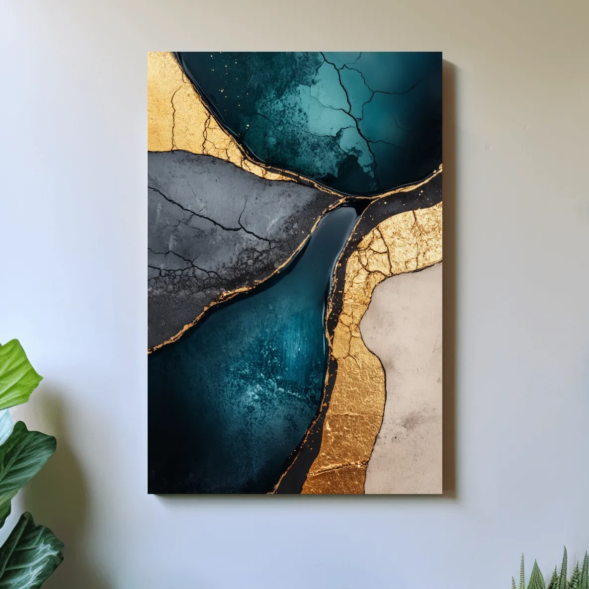 Elegant wall art, gold and teal cracked natural texture elements
