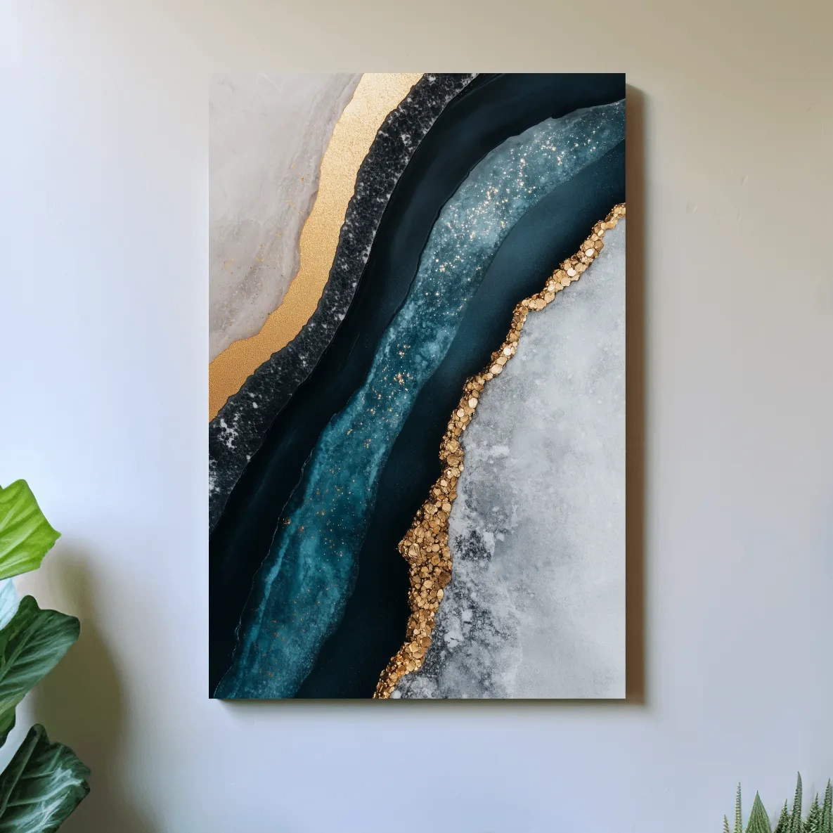 Elegant abstract geode artwork, blue and gold natural textured wall art