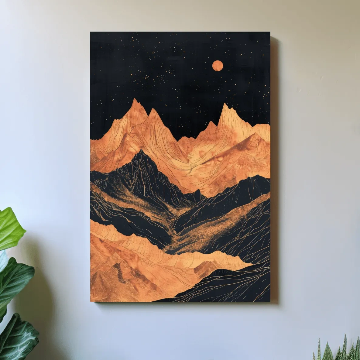Moonlit elegant mountain artwork, metallic block print effect