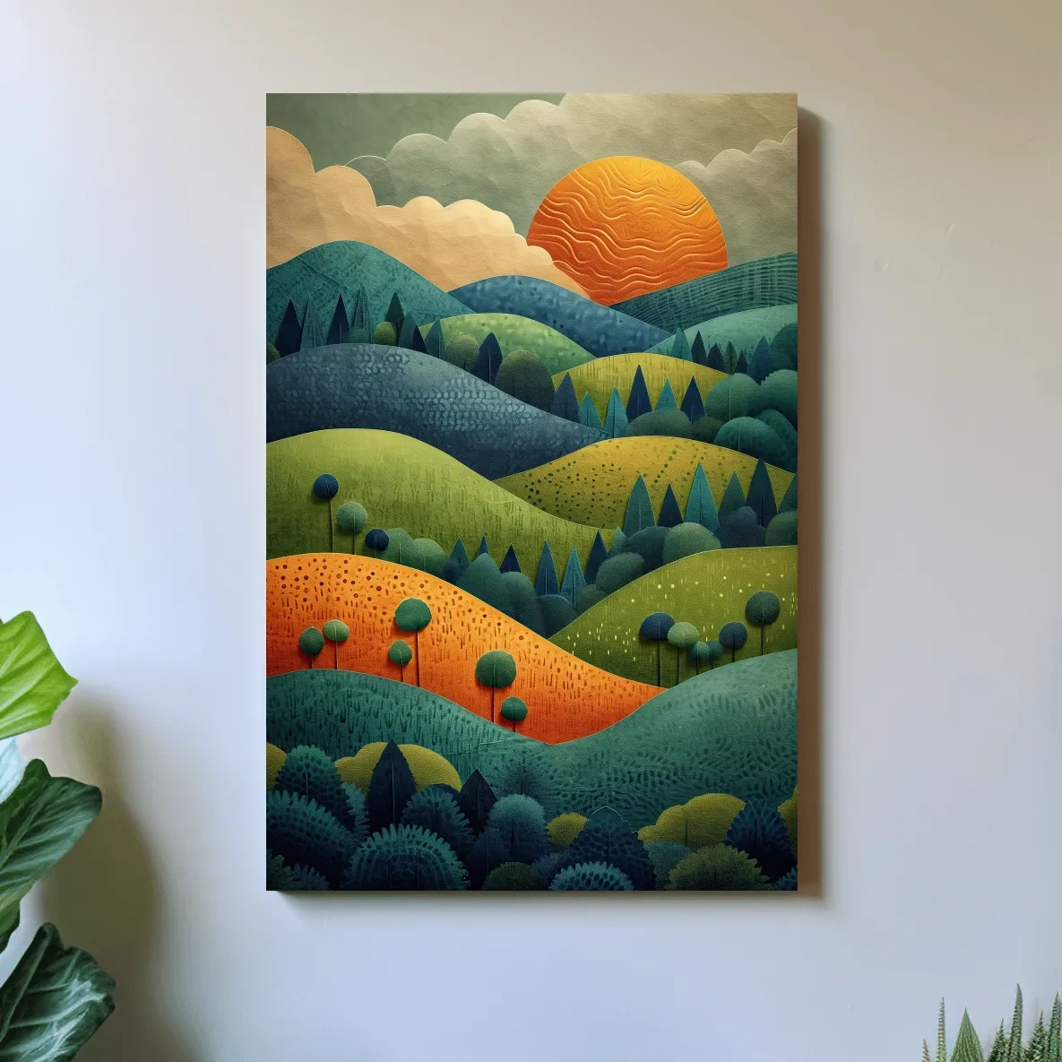 Rolling hills and trees at sunset mountain artwork, 3d layered paper cutout effect