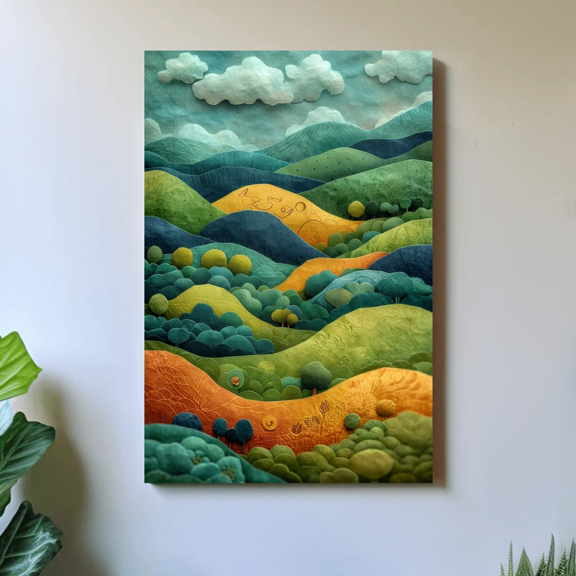 Abstract surreal mountain scene artwork, whimsical landscape in 3D layered style