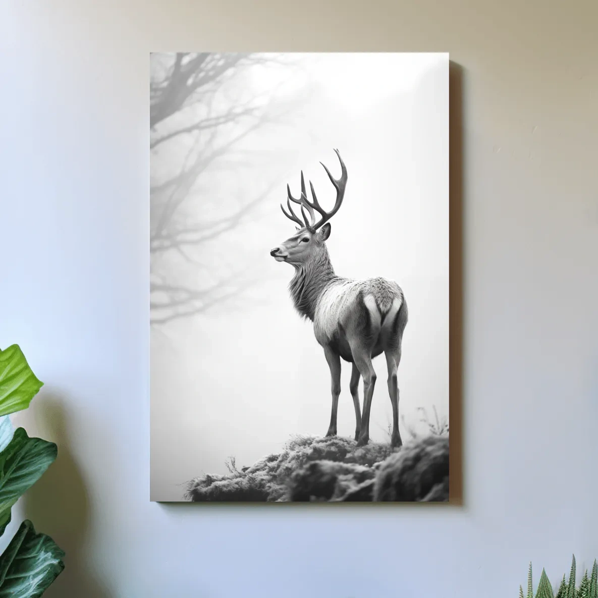 Black and white photograph of a majestic deer on a winter morning, serene wildlife artwork