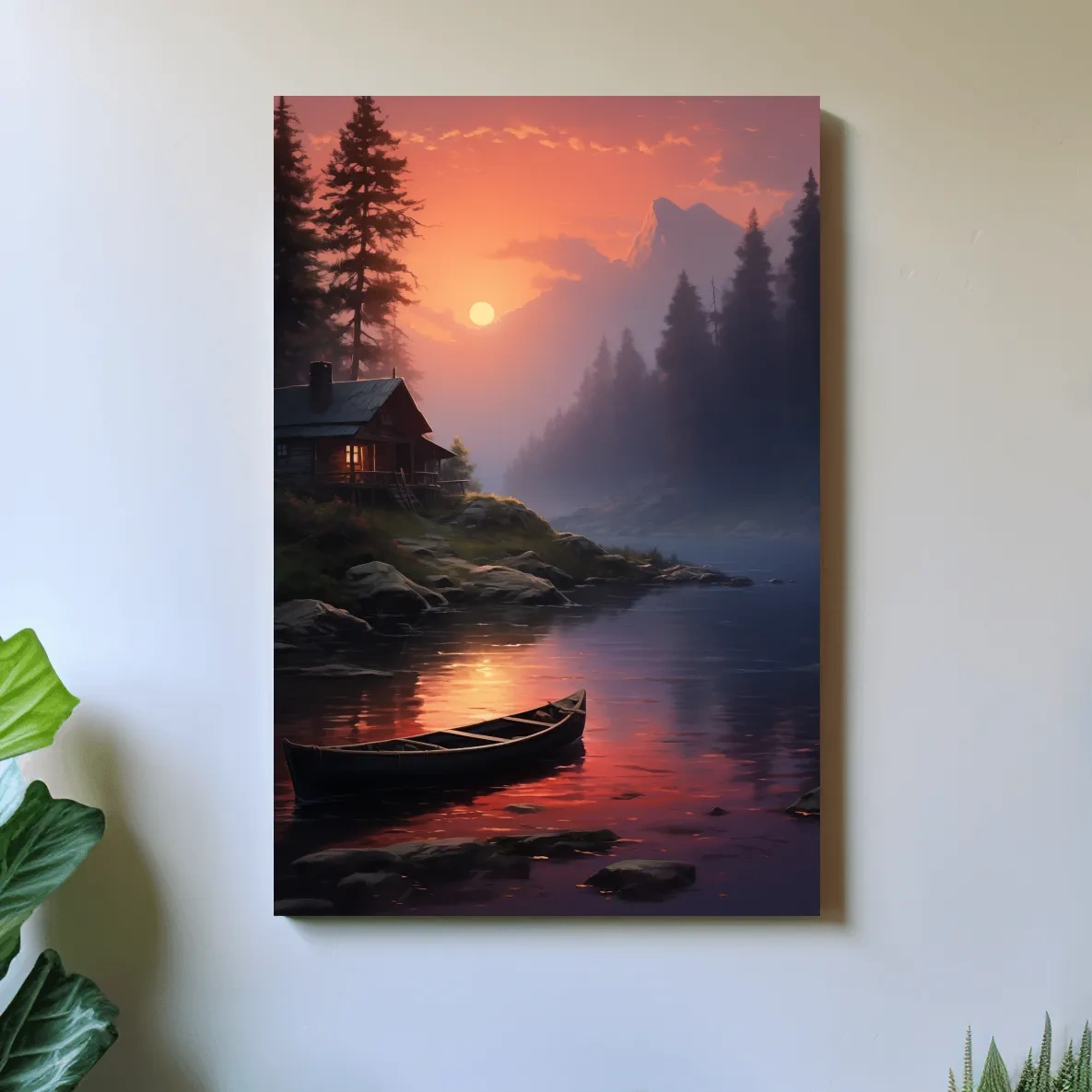 Beautiful painting of a cabin on a misty lake at sunset
