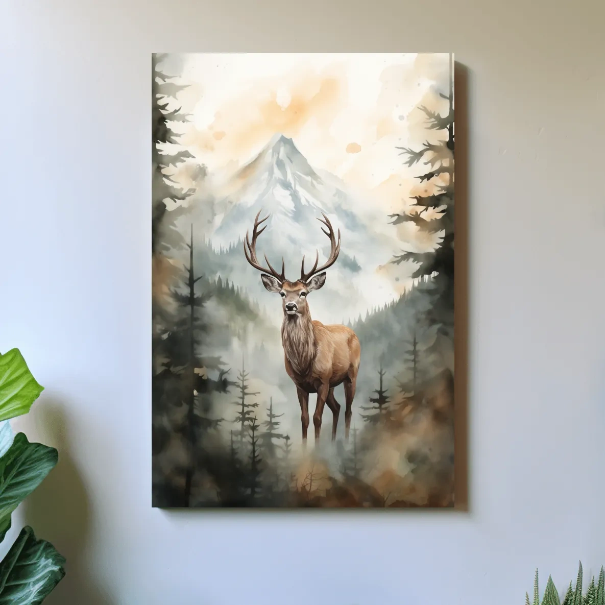 Watercolor Stag In Misty Mountain Forest - Serene Wildlife Wall Art