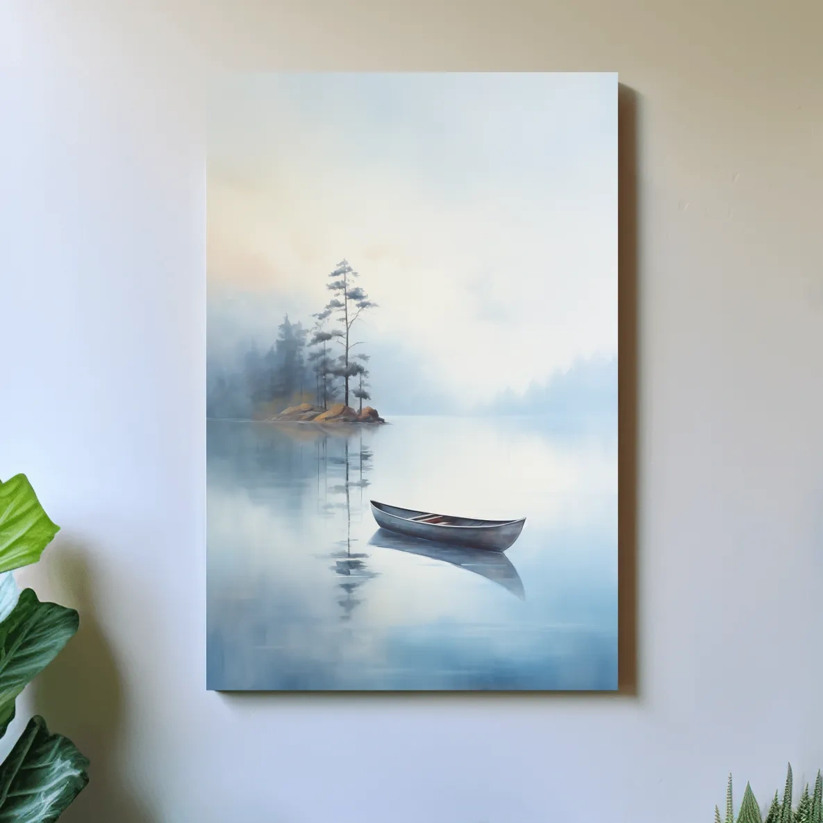 Watercolor painting, canoe on a misty lake, serene wall artwork