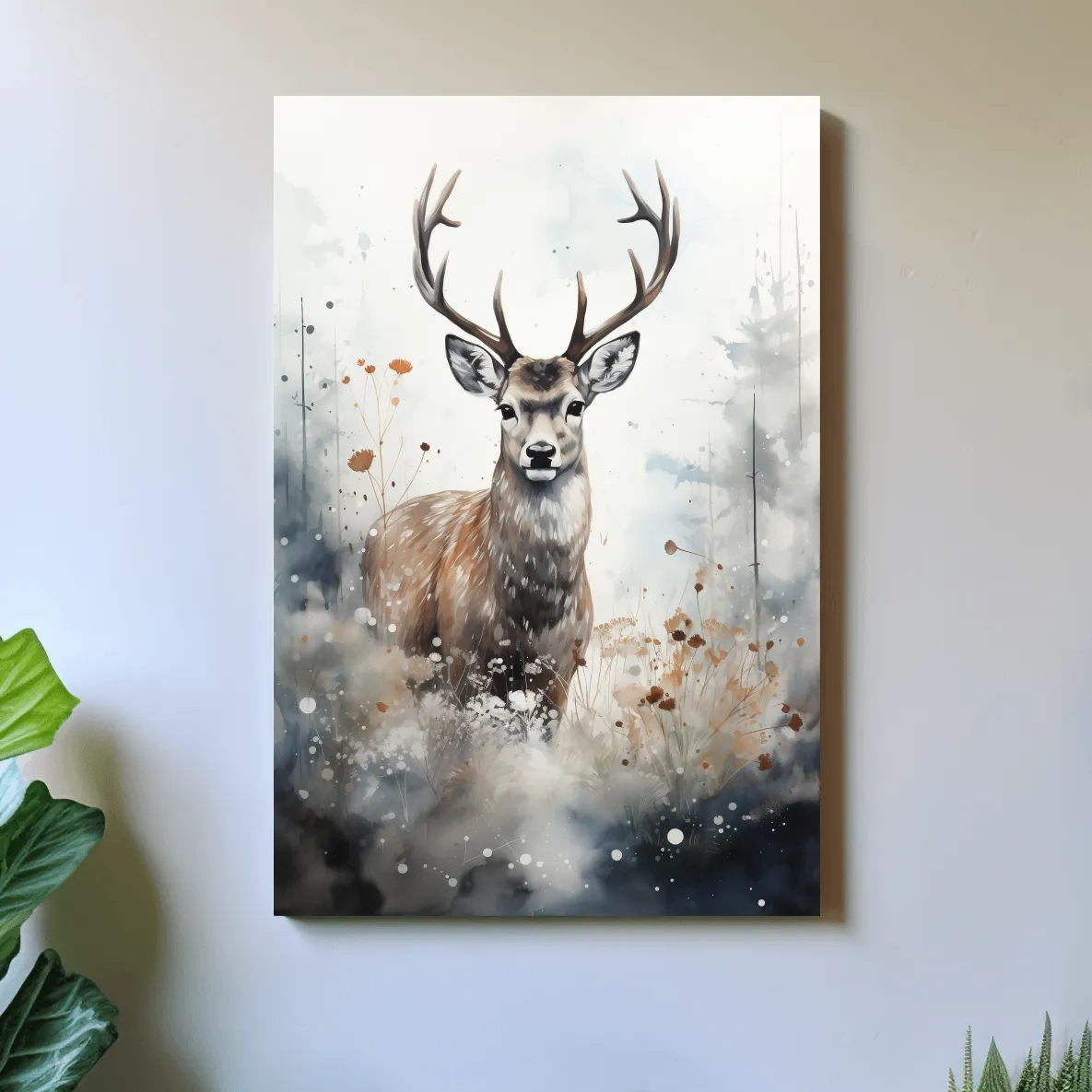 Rough textured watercolour painting of a deer buck standing in the forest