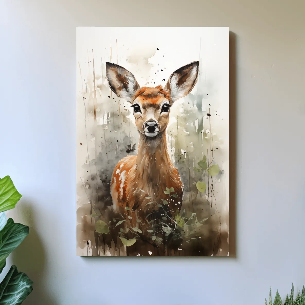 Watercolor fawn wall art, delicate forest setting artwork